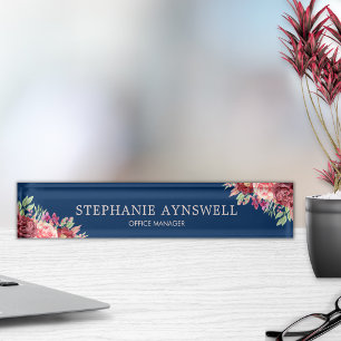Modern Burgundy Blush Floral Navy Blue Watercolor Desk Name Plate