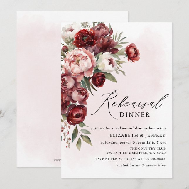 Modern Burgundy Blush Floral Rehearsal Dinner  Invitation (Front/Back)