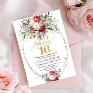Modern Burgundy Blush Floral Sweet 16 Birthday  Invitation