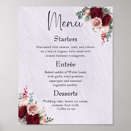 Modern Burgundy Blush Floral Wedding Menu Poster