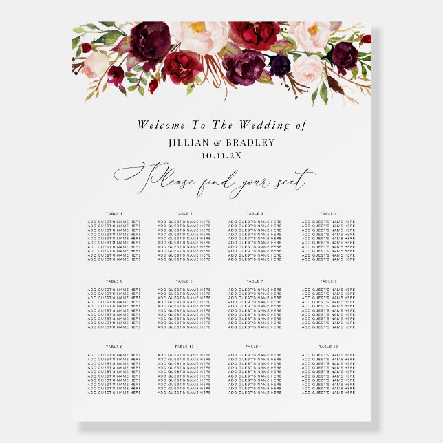 Modern burgundy blush floral wedding seating chart foam board (Front)