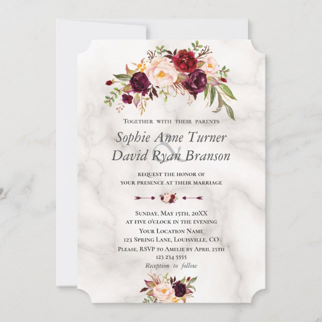 Modern Burgundy Blush Flowers Marble Wedding Invitation (Front)