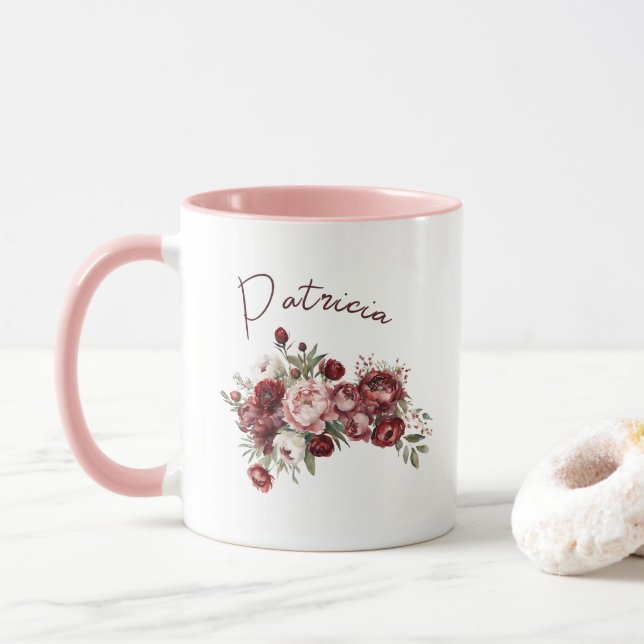 Modern Burgundy Blush Flowers Mug (With Donut)
