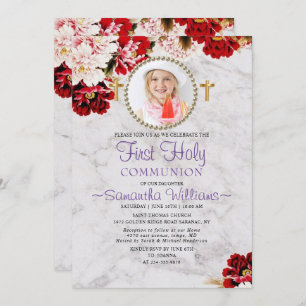 Modern Burgundy Blush Photo First Communion Invitation