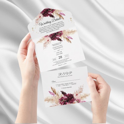 Modern Burgundy Blush Pink  Floral  All In One Invitation