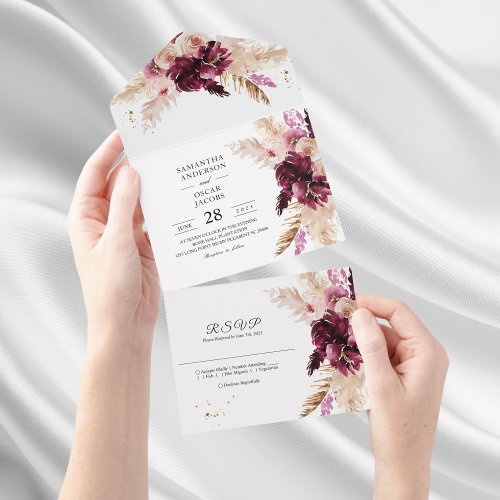 Modern Burgundy Blush Pink  Floral  All In One Invitation