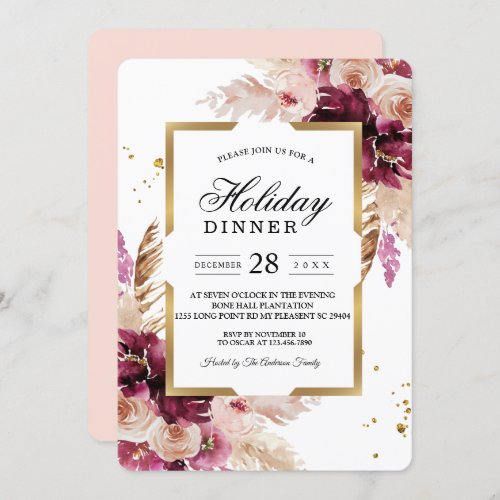 Modern Burgundy Blush Pink  Floral  Gold Frame Invitation