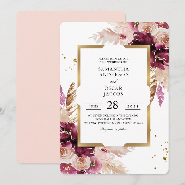 Modern Burgundy Blush Pink  Floral & Gold Frame Invitation (Front/Back)