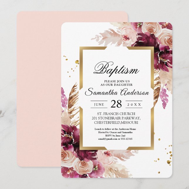Modern Burgundy Blush Pink  Floral & Gold Frame Invitation (Front/Back)
