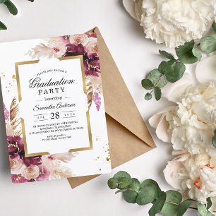 Modern Burgundy Blush Pink Floral & Gold Frame Invitation