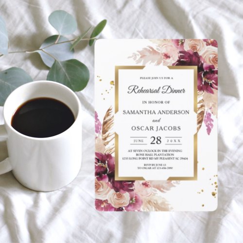 Modern Burgundy Blush Pink  Floral  Gold Frame Invitation