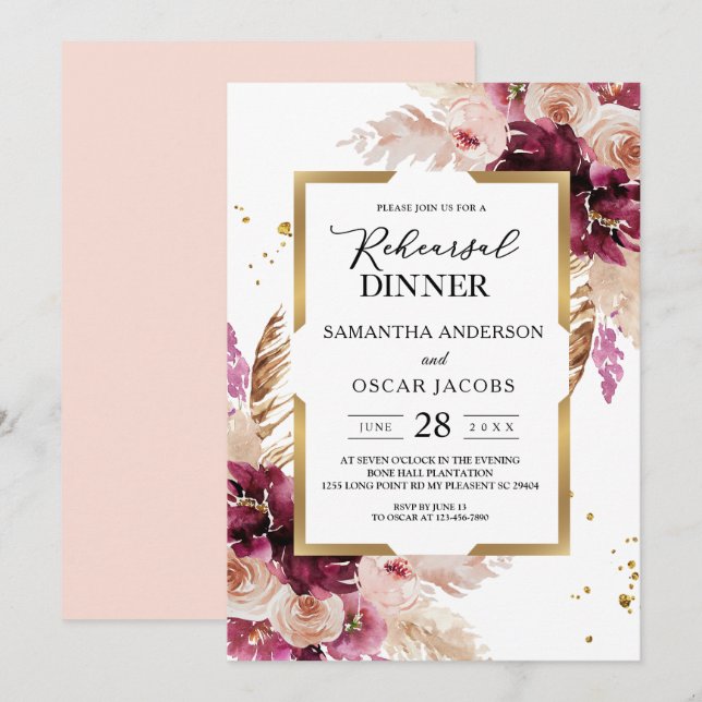 Modern Burgundy Blush Pink  Floral & Gold Frame Invitation (Front/Back)