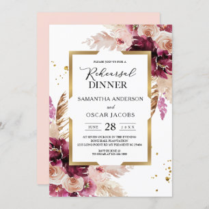 Modern Burgundy Blush Pink Floral & Gold Frame Invitation