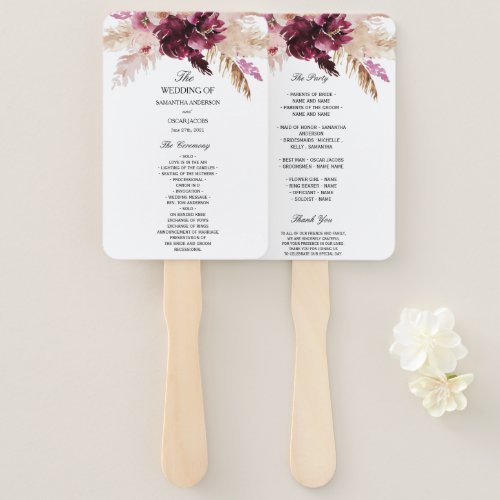 Modern Burgundy Blush Pink  Floral  Hand Fan