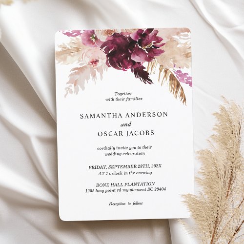 Modern Burgundy Blush Pink  Floral  Invitation