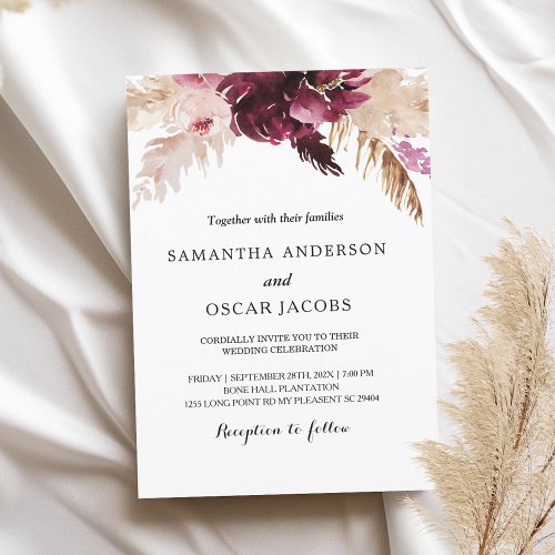 Modern Burgundy Blush Pink  Floral  Invitation