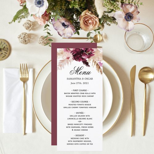 Modern Burgundy Blush Pink  Floral  Menu