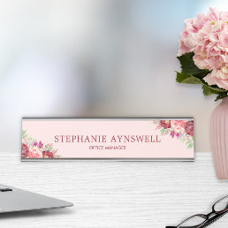 Modern Burgundy Blush Pink Floral Watercolor Desk Name Plate