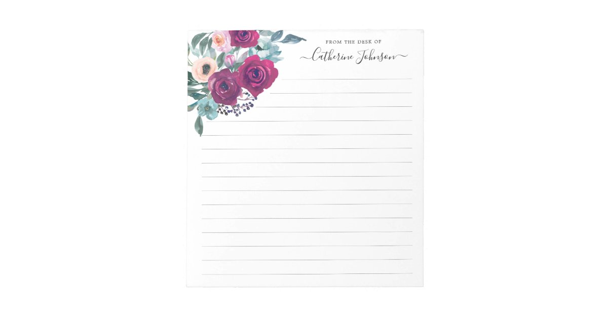 Modern Burgundy Blush Pink Floral Watercolor Desk Notepad | Zazzle