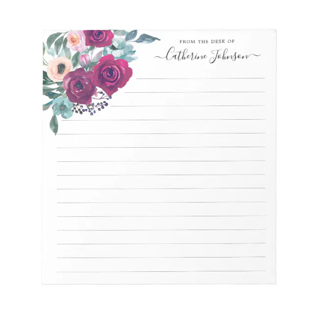 Modern Burgundy Blush Pink Floral Watercolor Desk Notepad | Zazzle