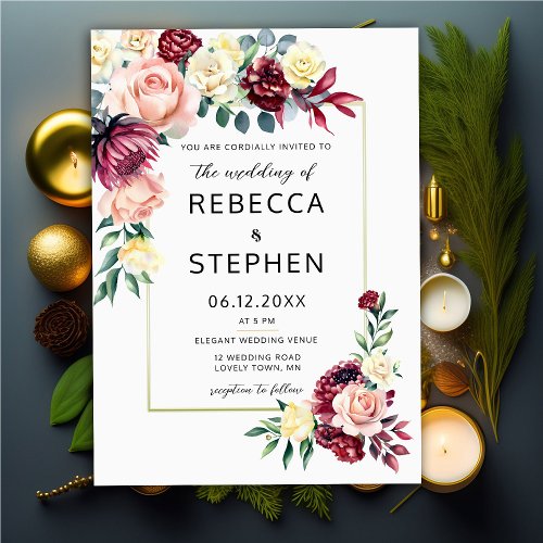 Modern Burgundy Blush Roses Floral Ivory Wedding Invitation