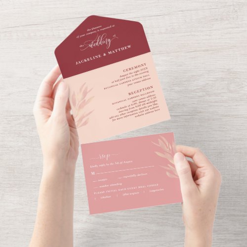 Modern Burgundy Blush Wedding with Perforated RSVP All In One Invitation