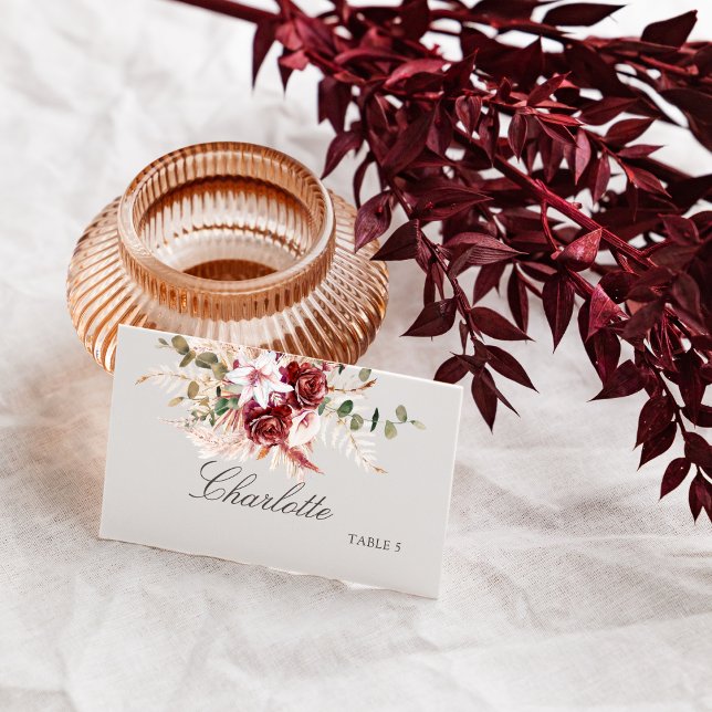 Modern Burgundy Boho Flat Wedding Place Card  (Creator Uploaded)
