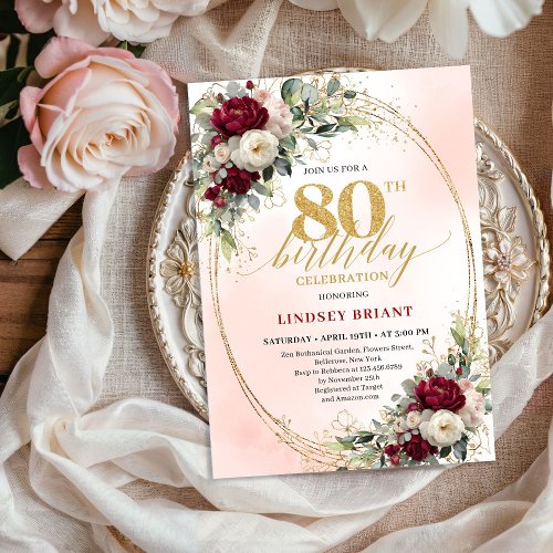 Modern Burgundy Boho Flowers 80th Birthday Invite
