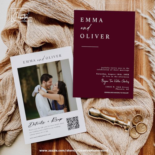 Modern Burgundy Boho Wedding Photo QR Code RSVP Invitation