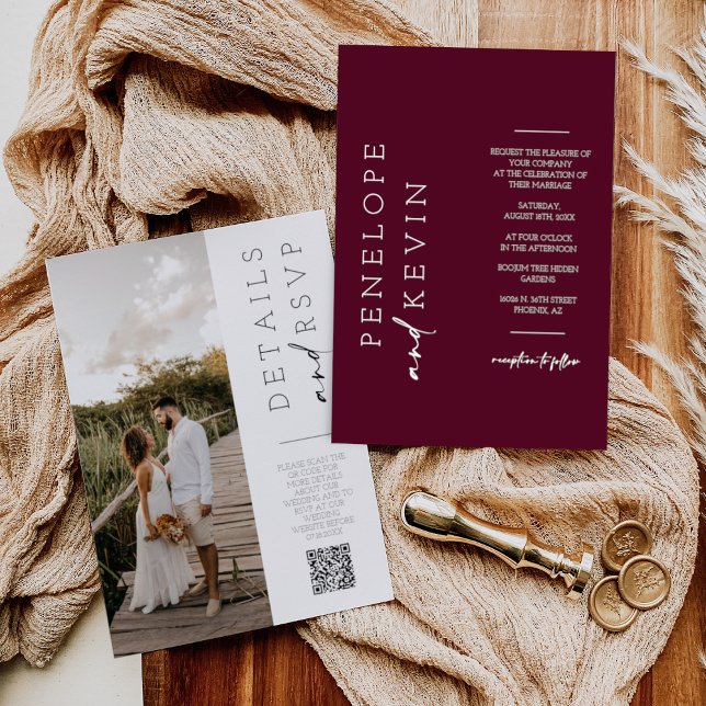 Modern Burgundy Boho Wedding Photo QR Code RSVP  Invitation (Creator Uploaded)