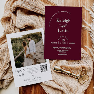 Modern Burgundy Boho Wedding QR Code RSVP Photo Invitation