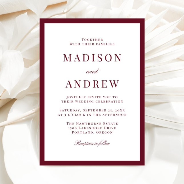 Modern Burgundy Border Wedding Invitation (Creator Uploaded)