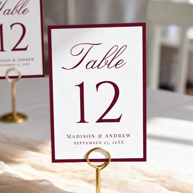 Modern Burgundy Border Wedding Table Number (Creator Uploaded)