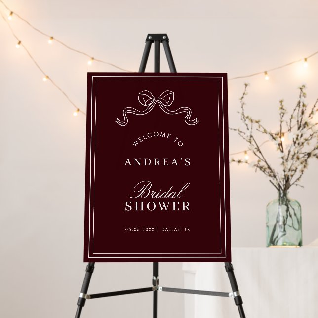 Modern Burgundy Bow Bridal Shower Welcome Sign     (In Situ (Stand))