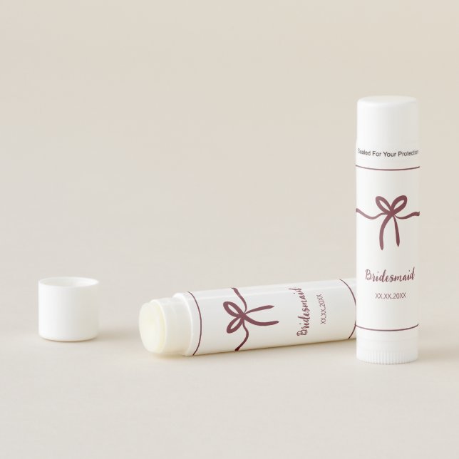 Modern Burgundy Bow Bridesmaid Custom Date Lip Balm (In Situ)