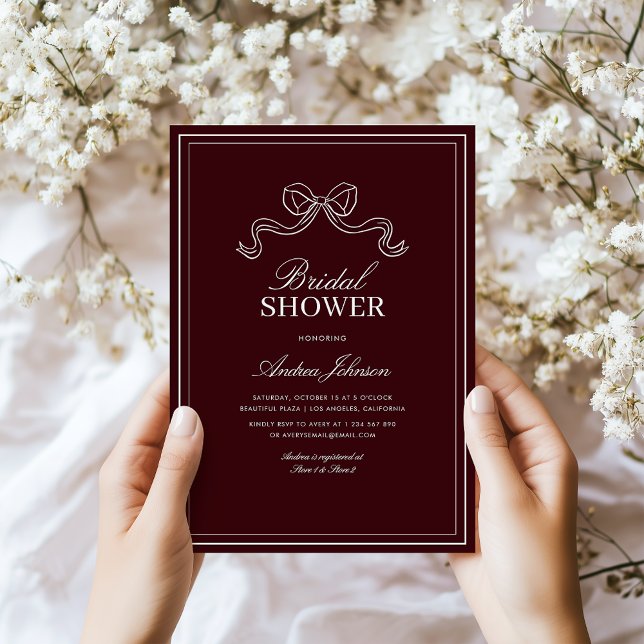 Modern Burgundy Bow Elegant Timeless Bridal Shower Invitation (Creator Uploaded)