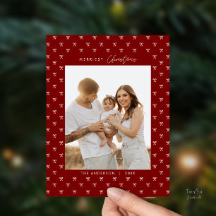Modern Burgundy Bow Pattern Family Photo Christmas Postcard
