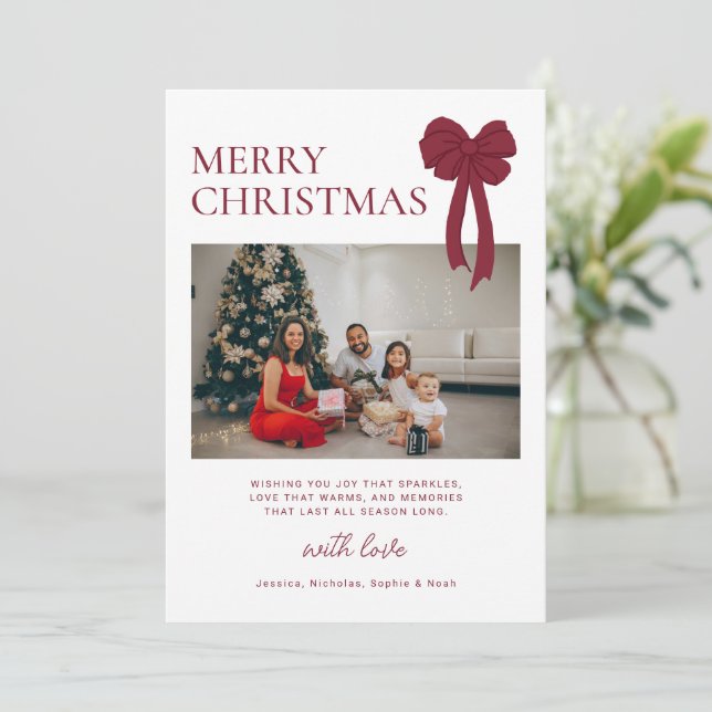 Modern Burgundy Bow Photo Christmas Holiday Card (Standing Front)