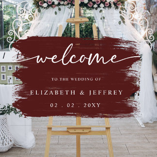 Modern Burgundy Brush Strokes Wedding Welcome Acrylic Sign