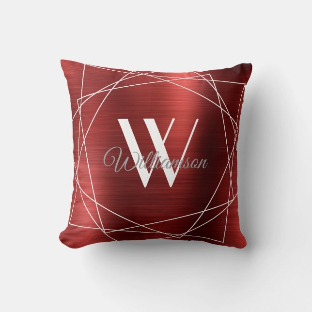 Modern Burgundy Brushed Metal Monogram Name Script Throw Pillow (Front)