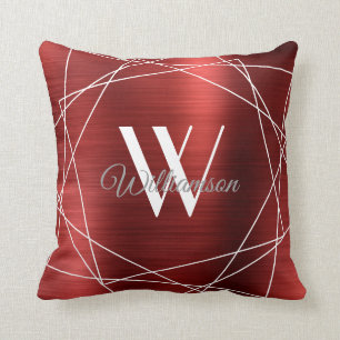 Modern Burgundy Brushed Metal Monogram Name Script Throw Pillow