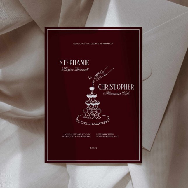 Modern Burgundy Champagne Tower Wedding Invitation (deep red cherry vintage old money wedding invitation, burgundy illustrated wedding invite card )