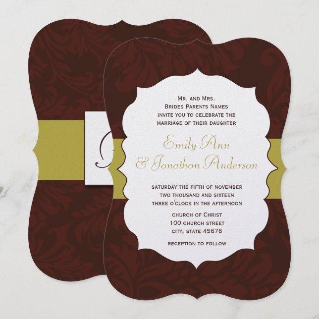 Modern Burgundy Chartreuse Damask Wedding Invite (Front/Back)