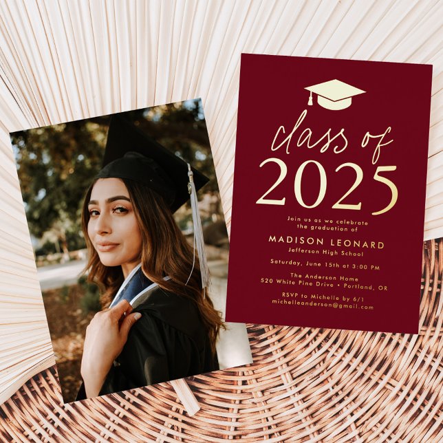 Modern Burgundy Class of 2025 Graduation Party Foil Invitation (Creator Uploaded)