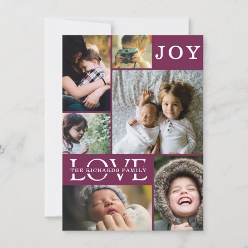 Modern Burgundy Color Block Family 6 Photo Collage Holiday Card