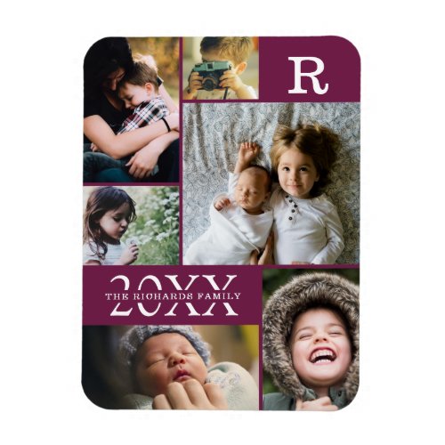 Modern Burgundy Color Block Family 6 Photo Collage Magnet