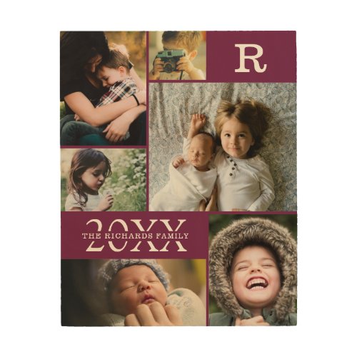 Modern Burgundy Color Block Family 6 Photo Collage Wood Wall Art