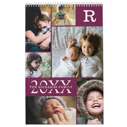 Modern Burgundy Color Block Family Photo Collage Calendar