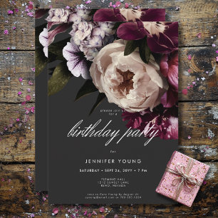 Modern Burgundy & Cream Peonies Black Birthday Invitation