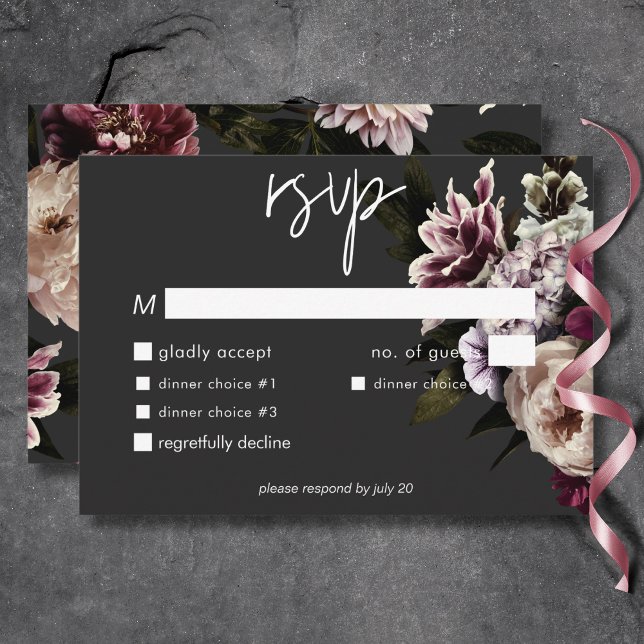Modern Burgundy Cream Peonies Floral Black Dinner RSVP Card (Modern Burgundy Cream Peonies Floral Black Dinner RSVP Card)